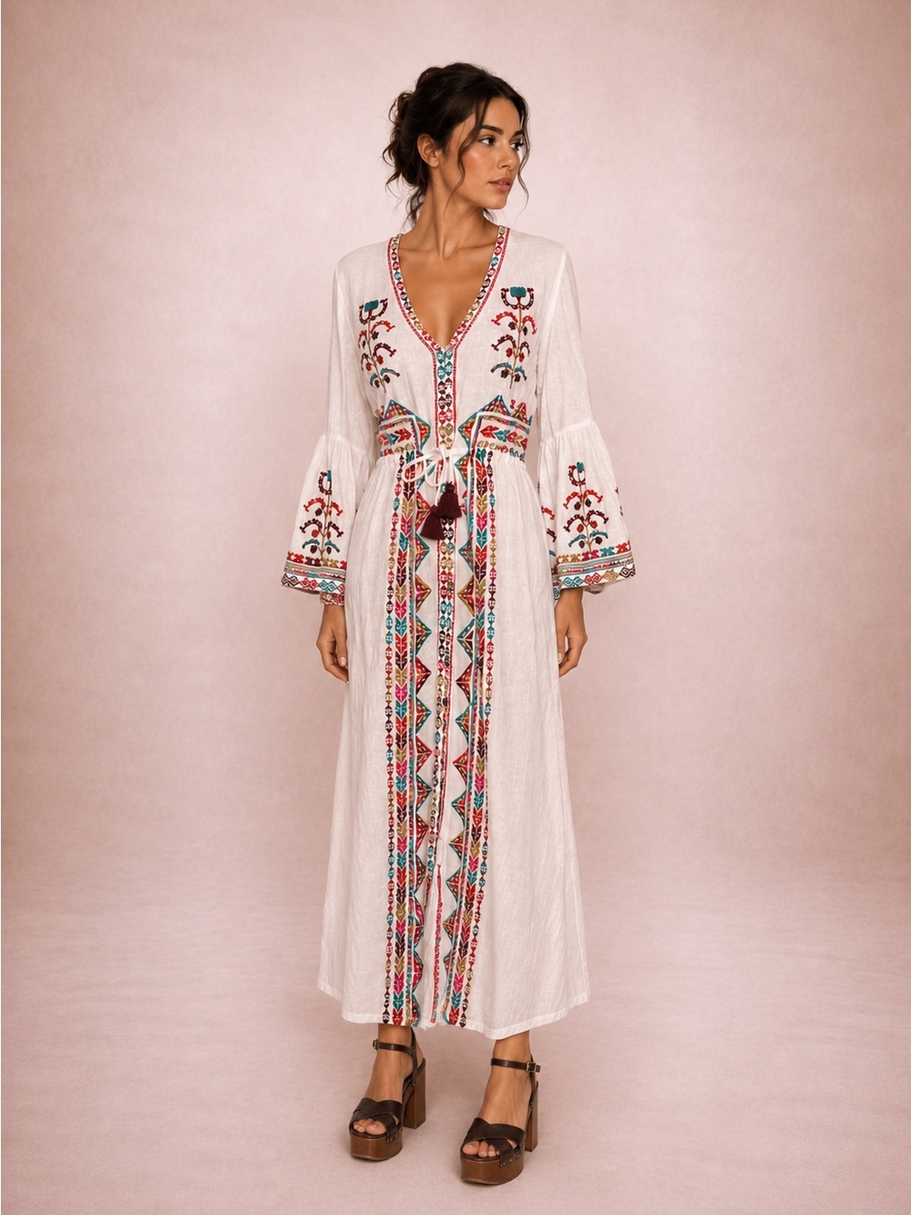 Boho Embroidered White Maxi Dress with Multicolor Accents